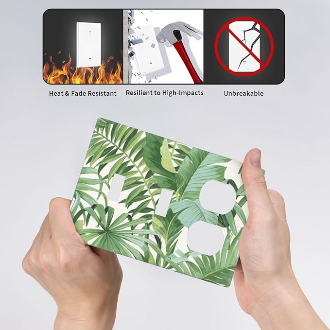 Tropical Palm Tree Leaves Jungle 3-Gang 2-Toggle 1-Duplex Device Combination Wall Plate, Green Botanical Plant Monstera Leaf Three Gang Combo Two Toggle/One Duplex Receptacle Outlet Light Switch Cover