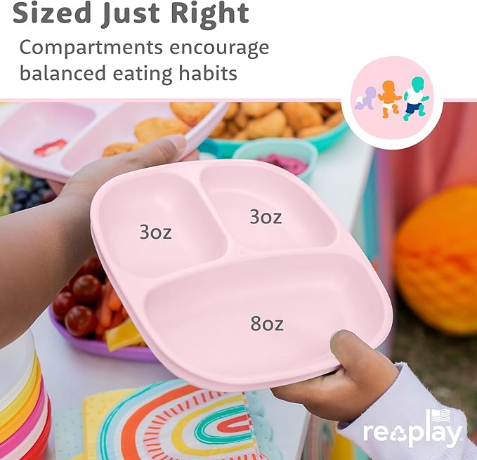 Re-Play Dinnerware Set for Toddlers - Kids Dining Set of 3 Divided Plates and 3 Snack Bowls - Dishwasher/Microwave Safe - Made in USA - Princess