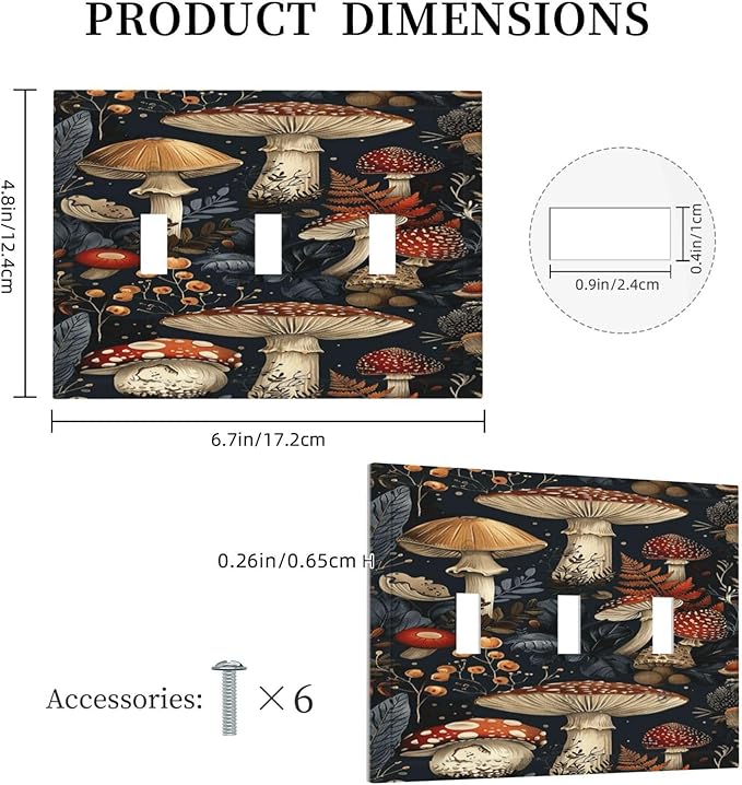 Decorative Light Switch Cover Plate Vintage Mushroom Floral 3 Gang Wall Plate Triple Toggle Switch Plate Covers Electrical Outlet Cover for Bedroom Kids room Decor