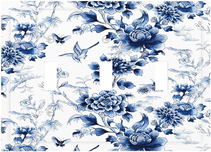 Blue Flower White Floral Plant Bird Butterfly Decorative Switch Plates 3 Gang Wall Plate Triple Toggle Light Switch Cover Faceplate Electrical Wall Panels for Bedroom Living Room Decor