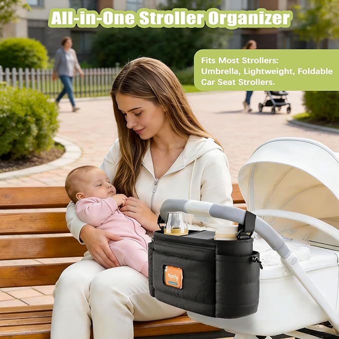 Stroller Organizer Caddy with Insulated Cup Holder & Detachable Phone Purse, Lightweight Universal Stroller Caddy for Busy Moms - Black