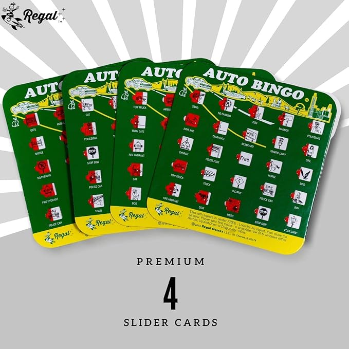 Regal Games Finger-Tip Shutter Bingo Cards with Sliding Windows - Auto Bingo Game Set - Assorted Travel Game for Adults & Kids - Reusable, No Chips & Daubers Needed - 4 Packs - Green