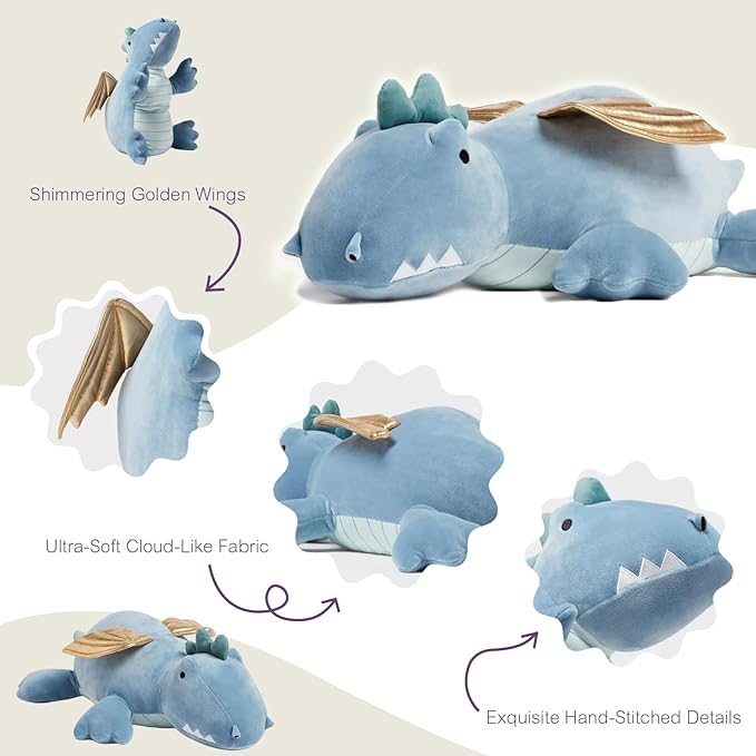 KOWSI® Microwavable Heating Pad Blue Winged Dragon Plush - 1.4 Lb Weighted Stuffed Animal Toy with Tourmaline Beads & Lavender - 16" Squished Long Dinosaur Pillow - Lumbar Back Cushion Lasting Warmth