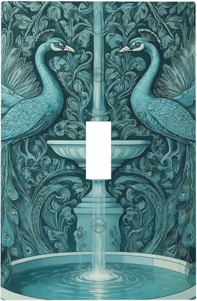 Art Nouveau Peacocks & Fountain Teal 1-Gang Toggle Light Switch Plate, Peacock Garden Decorative Wall Plate for Living Room Decor