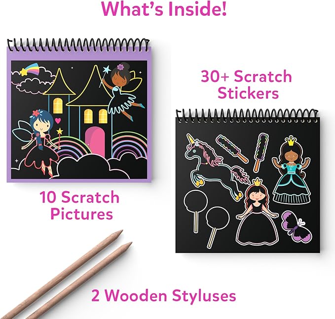 Skillmatics Scratch Art Book for Kids - Unicorns & Princesses, Craft Kits & Supplies, 30+ Scratch Stickers, Travel Toys, DIY Kit, Gifts for Girls & Boys Ages 3, 4, 5, 6, 7, 8