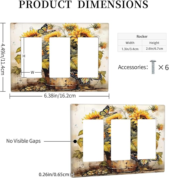 Light Switch Covers Rustic Vintage Sunflower Bouquet Butterfly 3 Gang Rocker Electrical GFCI Decorative Triple Outlet Wall Plate Cover Switchplate for Farmhouse Cabin Decor