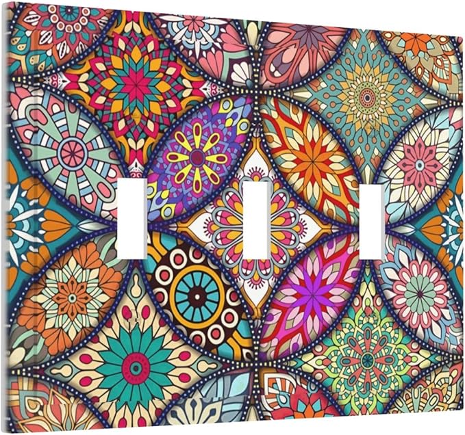 Boho Floral Pretty Colorful Mandala Flowers Decorative Switch Plates 3 Gang Wall Plate Triple Toggle Light Switch Cover Faceplate Electrical Wall Panels for Bedroom Living Room Decor
