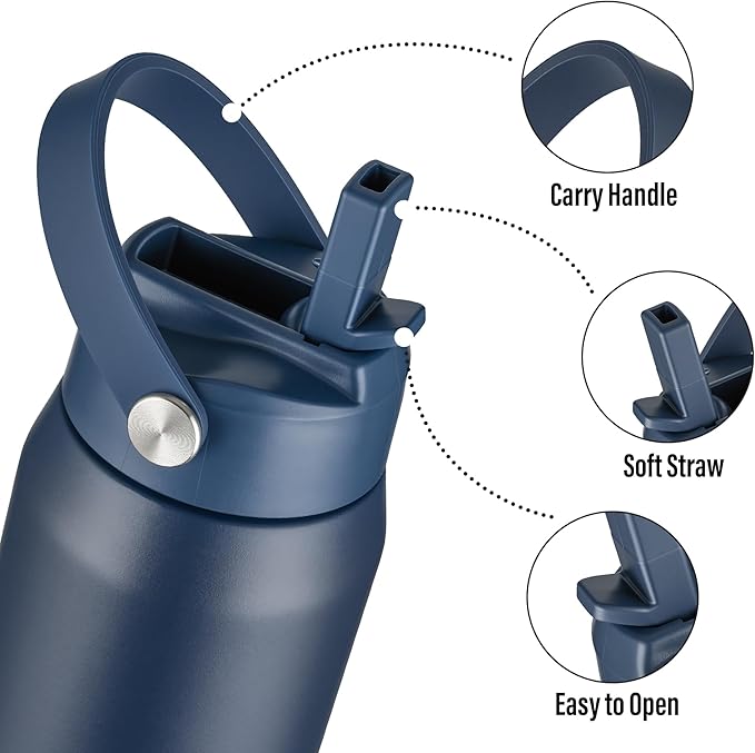 Oldley 32oz Insulated Water Bottle with Straw, Stainless Steel Water Bottle for Sports, Travel, School, BPA-Free Sports Bottles for Adult Kids, Leak-Proof, Navy Blue