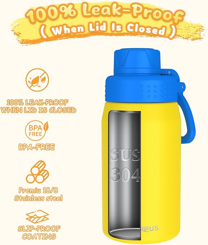 GOPPUS 15oz Kids Water Bottle with Spout Lid, Toddler Water Bottle, Stainless Steel Insulated Water Bottle, Leakproof, BPA Free, Suitable for Boys and Girls for School（Yellow）