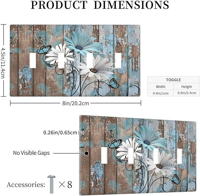 Light Switch Covers Rustic Flower Teal Turquoise Daisy Butterfly Quad Toggle Electrical Faceplate 4 Gang Wall Plate Decorative Switch Plates For Farmhouse Cabin Decor
