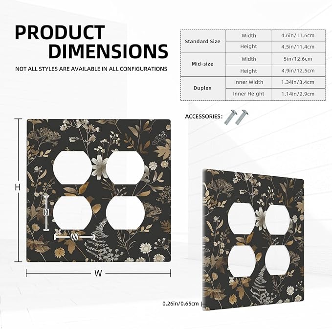 Outlet Covers Black Gold Floral Dark Leaves Vintage Flowers 2 Gang Double Duplex Decorative Light Switch Covers Electrical Wallplates Socket Faceplate for Bed Room Home Decor