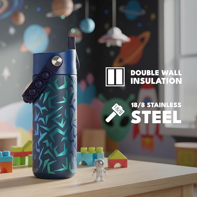 Elemental Insulated Kids Water Bottle, Stainless Steel Water Bottle with Straw Lid & Pop-It Handle, Leak-Proof Water Bottles for School, Boys or Girls, Travelling and Sports, 18oz - Dark Patterns