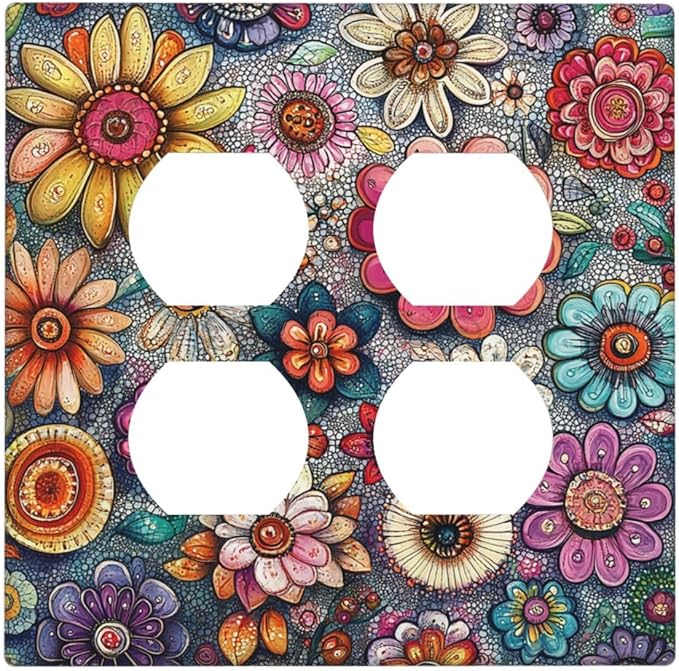 Outlet Covers Colorful Rainbow Pointillisme Flower 2 Gang Double Duplex Decorative Light Switch Covers Electrical Wallplates Socket Faceplate For Bed Room Home Decor