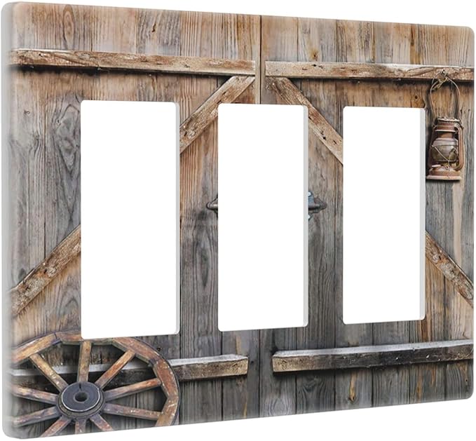 Wood Garage Barn Door Cabin 3 Gang Triple Rocker/Decorator Light Switch Wall Plate Cover Decorative Gfci Electrical Faceplate Switchplate Room Decorate
