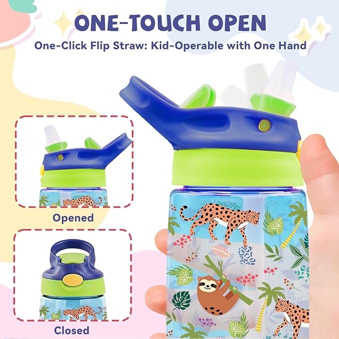 14oz Sloth Kids Water Bottle with Straw Lid - Koala Water Bottles for Kids, Leakproof, Lightweight, Durable Plastic Bottles for School Travel, Pop-Up Straw Cover, Gift Cup for Boys Girls(Animals)