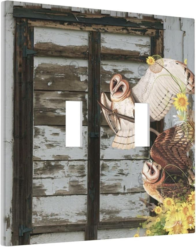 Vintage Brown Blue Old Wooden Door 2 Gang Light Switch Plate Decorative Double Toggle Wall Plate Antique Barn Door with Owls Sunflower Receptacle Switchplate Decorate for Home Living Room Bedroom