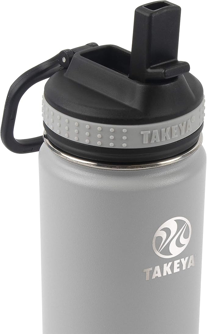 Takeya Actives Kids Water Bottle 16 oz Stainless Steel Double Wall Insulation BPA-Free Leakproof Straw Lid Easy Carry Handle Reusable Ideal for Boys and Girls, School, Sports - Platinum / Onyx
