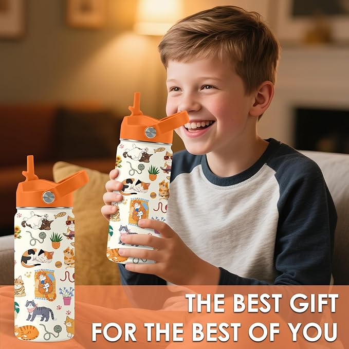 Cat Gifts for Kids - 16 Oz Orange Cat Water Bottle with Straw Lid, Stainless Steel Insulated Tumbler, Leak Proof, for Boys & Girls, School, Travel - Funny Cats Lovers Children Birthday Gifts Cups(1pc)