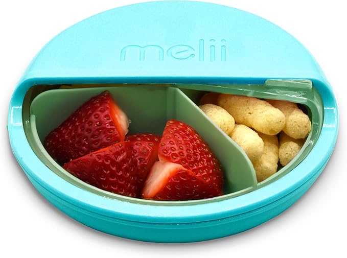melii Spin Snack Container | 3-Compartment Rotating Snack Box with Sliding Window, BPA-Free, Dishwasher Safe, Portable Snack Container for Kids Ages 3+ (Blue)
