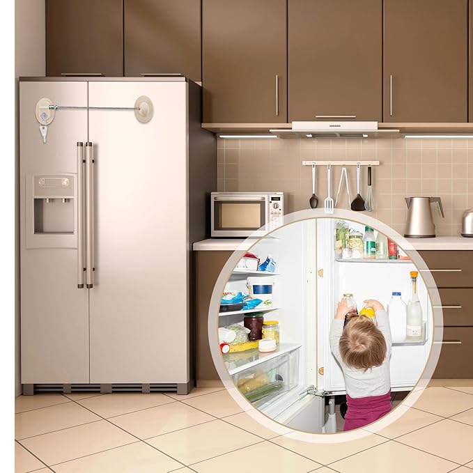 Hotop 4 Pack Cabinet Locks with Keys Mini Fridge Refrigerator Locks for Kids Toddlers Self Adhesive Child and Baby Proofing Safety for Deep Freezer Drawers Doors Latch (Light Brown)