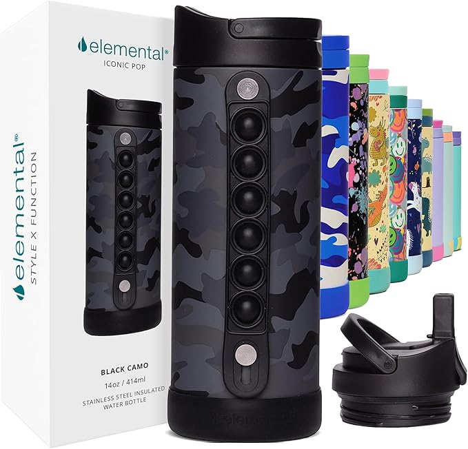 Elemental Iconic Kids Water Bottle with Straw Lid & Stress Relief Pop It Handle, Leak-Proof When Closed, Triple Insulated Kids Stainless Steel Water Bottle For Girls and Boys, 14oz - Black Camo