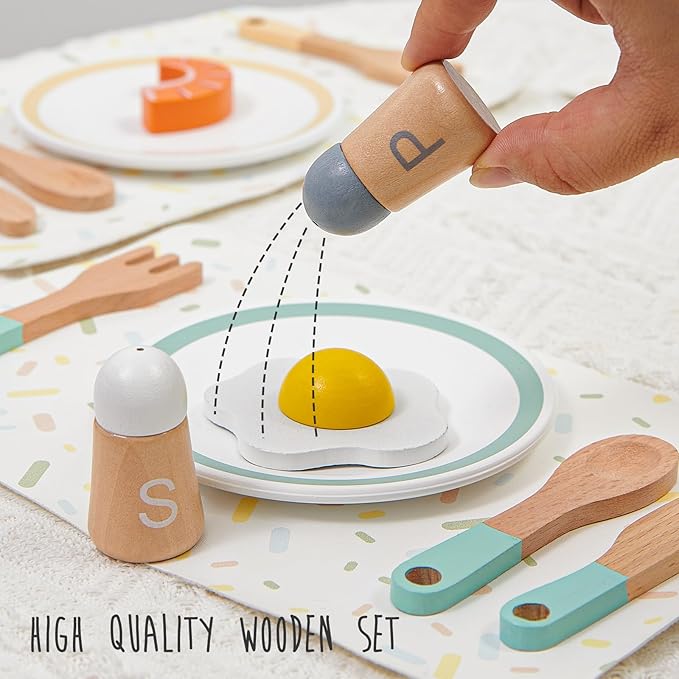 Lonico Wooden Play Kitchen Accessories Toys for Toddlers 3-5, Kids Play Kitchen with Realistic Plates & Dishes & Tableware, Montessori Pretend Christmas Birthday Gifts for 3 4 5 6 Years Girls Boys