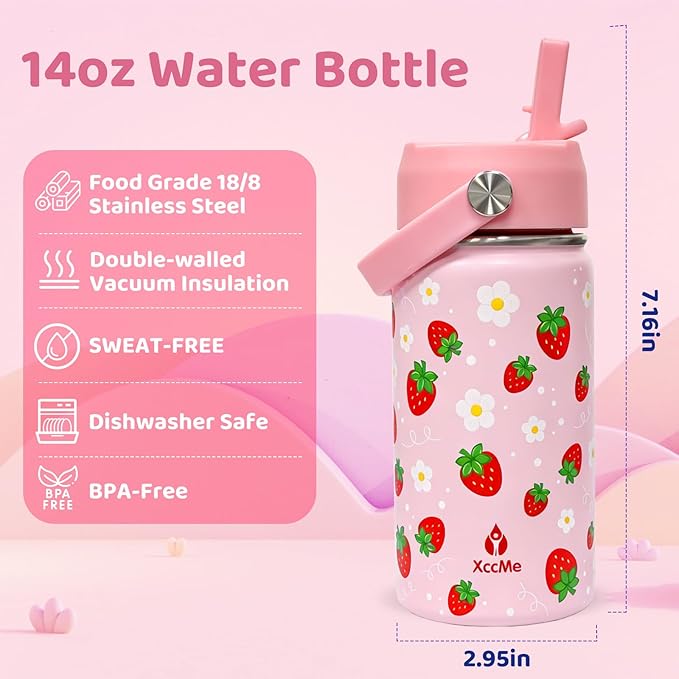 2Pack Truck Kids Water Bottle With Straw Lid,14oz Insulated Double Wall Leak Proof & BPA-Free Kids Water Bottle,Stainless Steel Tumbler for Toddlers,Metal Bottle for School Boys Girls