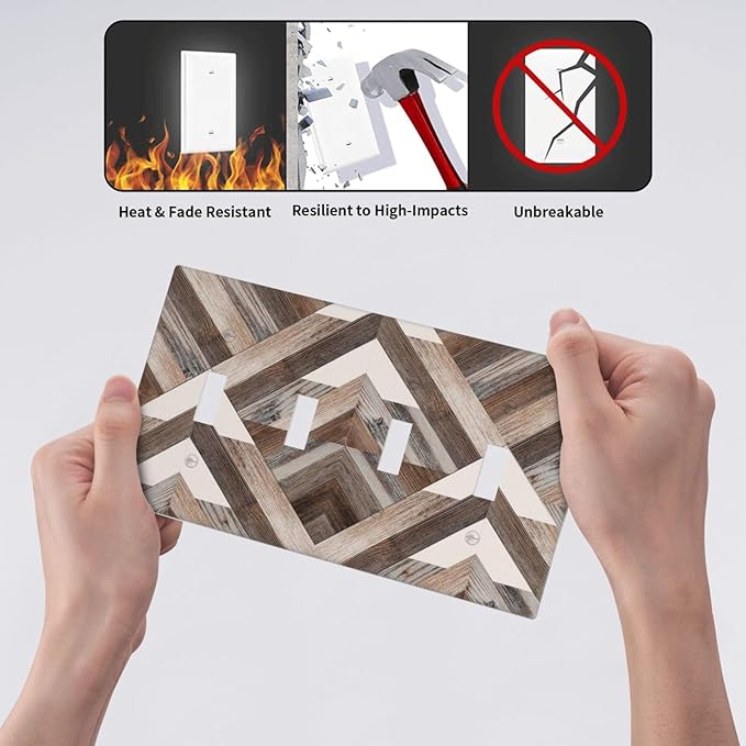 Polygon Collage Abstract Shapes Rustic Wood Panel Print Light Switch Covers Quad Toggle Electrical Faceplate 4 Gang Wall Plate Decorative Switch Plates Cover for Farmhouse Bedroom Decor