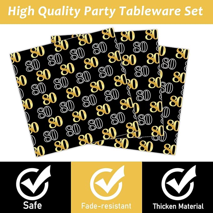 96PCS 80th Theme Birthday Party Tableware Vintage 1946 Party Supplies 80 Year Old Birthday Decorations Plates Napkins Forks Black and Gold Dinnerware Favors for Men or Women
