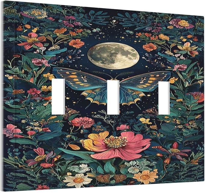 Decorative Light Switch Cover Plate Bohemian Moon Butterfly Floral 3 Gang Wall Plate Triple Toggle Switch Plate Covers Electrical Outlet Cover for Bedroom Cabin Decor