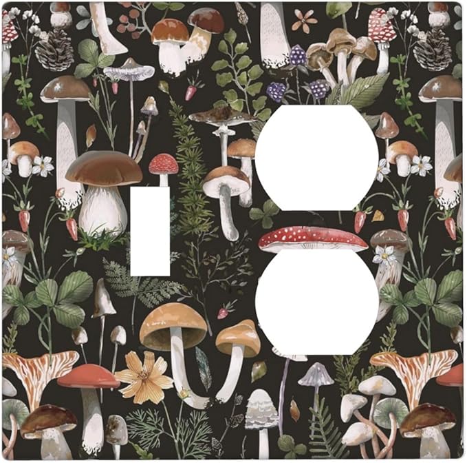 Decorative Vintage Mushroom 2-Gang 1-Toggle 1-Duplex Device Combination Wall Plate, Forest Botany Leaf Gothic Black Boho Floral One Toggle Switch/Duplex Receptacle Outlet Combo Light Switch Cover