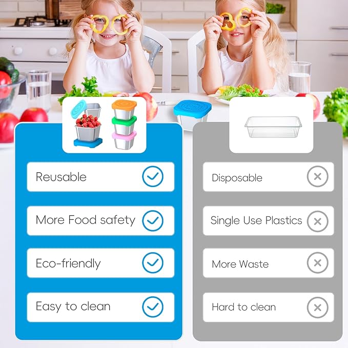 8Pack 6oz Stainless Steel Snack Containers for Kids, Leak Proof Small Food Storage Container with Silicone Lid, Easy Open Leak Proof Stainless Steel Food Storage Containers with Silicone Lids