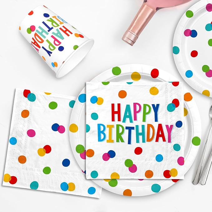 Happy Birthday Decorations: Happy Birthday Party Supplies Set with Birthday Dots Design- Includes Disposable Paper Birthday Plates and Napkins, Cups, Tablecloth, and Banner for decorations, Serves 25.