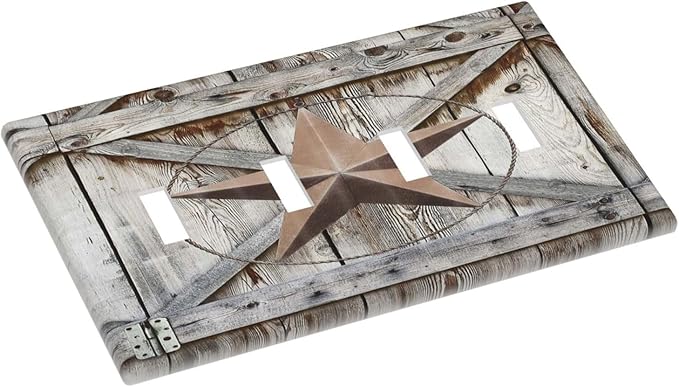 Rustic Western Texas Star Barn Door Quad Toggle Light Switch Cover Decorative Vintage Country Wood 4 Gang Wall Plate Electrical Faceplate Switchplate for Farmhouse Bathroom Home Living Room Decor