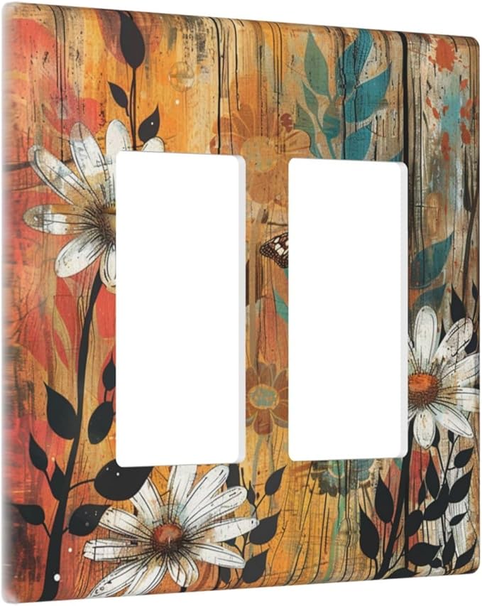 Light Switch Cover Plate Vintage Wooden Daisies Butterflies Floral 2 Gang Double Rocker Outlet Covers Decorative Switch plates Electrical Wall Plates GFCI Receptacle for Bathroom Farmhouse