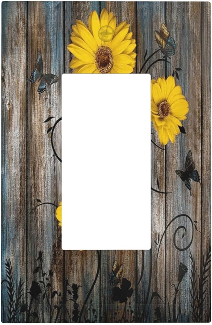 Rustic Barn Sunflower Wooden Daisy Flower Plank Decorative Outlet Covers 1 Gang Single Rocker Light Switch Cover Plate Wall Plates GFCI Faceplate for Farmhouse Home Decor