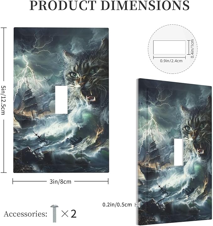 Light Switch Cover Plate funny Cat Stormy sea Lightning Sailboats 1 Gang Single Toggle Decorative Switch Plates Wall Plates Electrical Faceplate for Bathroom Kid Room Decor