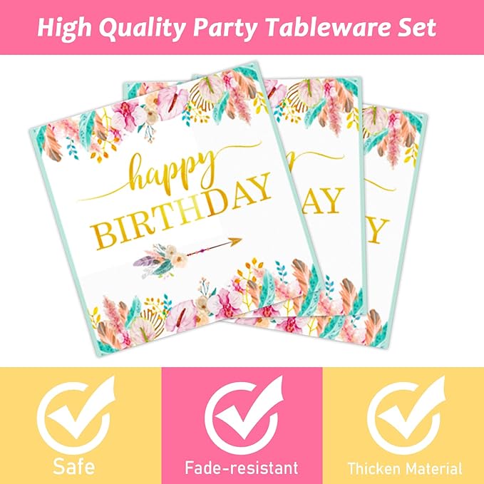 Tevxj 96 Pieces Happy Birthday Party Plates Napkins Boho Decorations Gold Metallic Tableware for Boys and Girls Happy Birthday Dessert Plates Napkins Forks for 24 Guests Party Supplies Favor