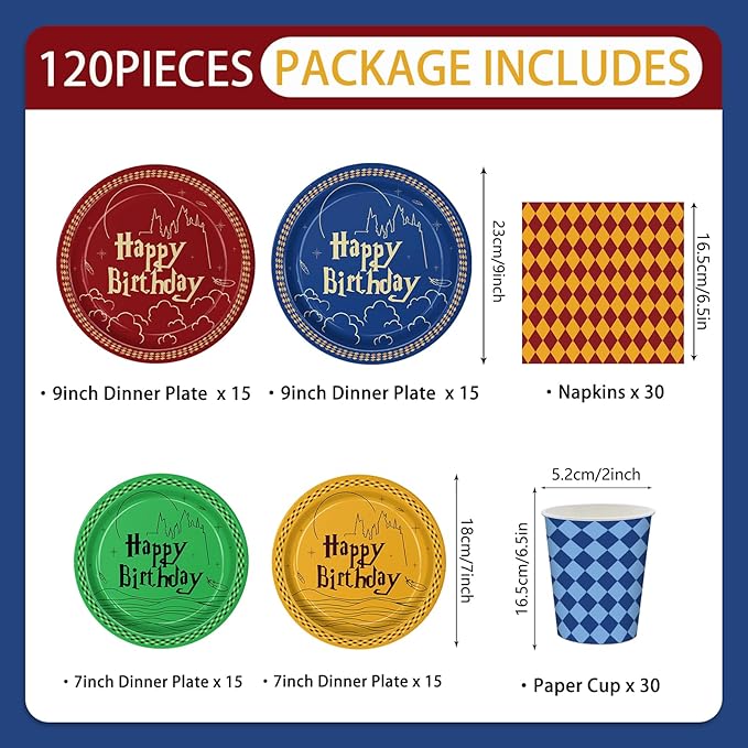 120pcs Magical Wizard Plates Napkins Party Decorations Cartoon Disposable Paper CupsTableware Set Cartoon Party Supplies for Kids Birthday Decor 30 Guests