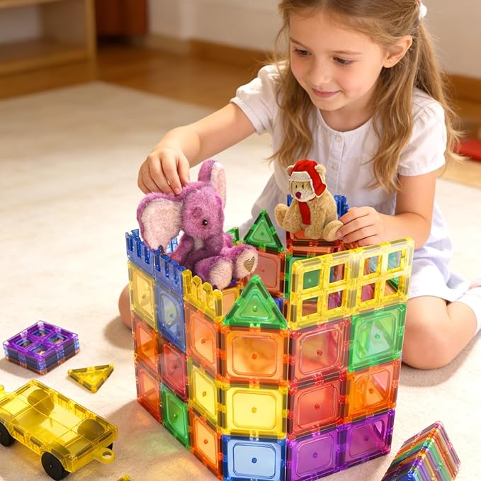 Coodoo 60 PCS Magnetic Building Tiles Kids Toys STEM Magnetic Blocks Sensory Toys Kids Games Magnet Building Toy for Boys and Girls Aged 3+, Kid Brain Development Preschool Kindergarten Toddler Toy