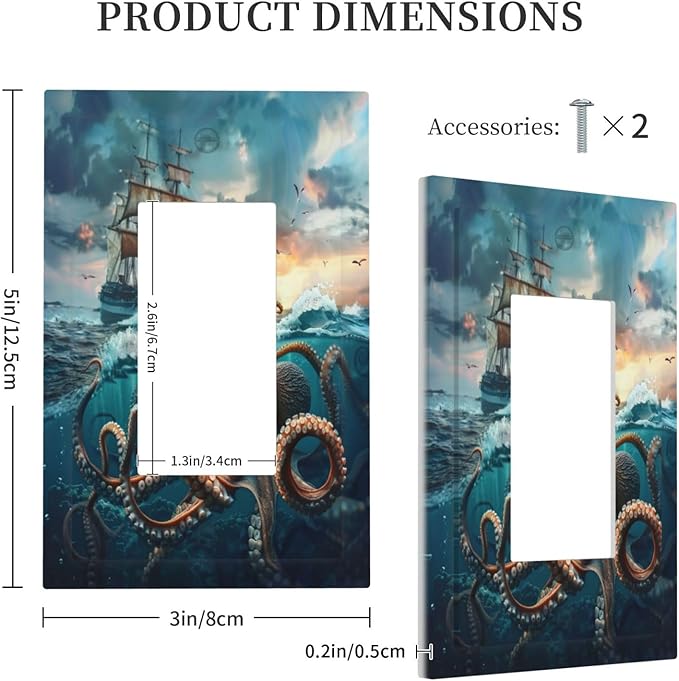 Light Switch Cover Plate Sailboat Ship Octopus Ocean Sea Waves 1 Gang Outlet Covers Single Rocker Decorative Switch plates Electrical Wall Plates GFCI Receptacle for Bathroom Bedroom Decor