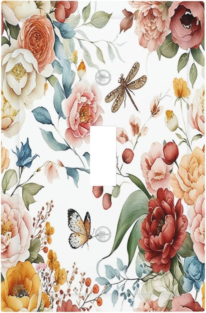 Rustic Style Colorful Peony Butterfly Dragonfly Decorative Light Switch Cover 1 Gang Single Toggle Device Electrical Faceplate Switchplates Decorator Outlet Wall Plate for Bedroom Living Room Decor