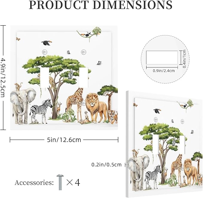 Large Animals Elephant Giraffe Jungle Lion Leopard Zebra Decorative Switch Plates 2 Gang Double Toggle Outlet Light Switch Cover Wall Plate Electrical Faceplate for Kids Room Nursery Decor
