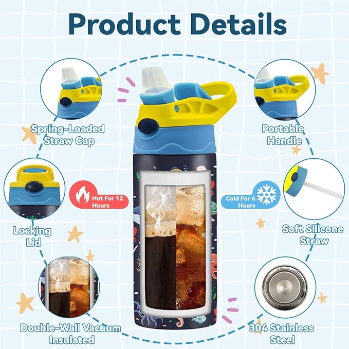 12oz Sea Water Bottle Kids - Under The Sea Water Bottle with Straw Lid, BPA-Free, Leak-Proof, Double-Wall Stainless Steel Insulated Kids Waters Bottles for School, Gift Cup for Sea World Lover
