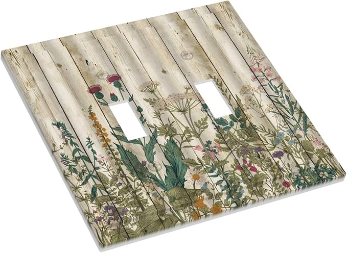 Vintage Wild Flowers Botanical Green Leaves Plants Double Toggle Light Switch Covers Decorative Rustic Wood Plank 2 Gang Wall Plate Dual Electrical Faceplate Switchplate for Farmhouse Bathroom