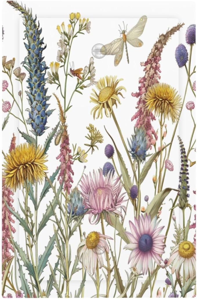 Light Switch Cover Botanical Wildflowers Dragonfly Colorful Floral Decorative Switch Plates 1 Gang Blank No Device Outlet Covers Electrical Wall Plates for Bathroom Bedroom Decor
