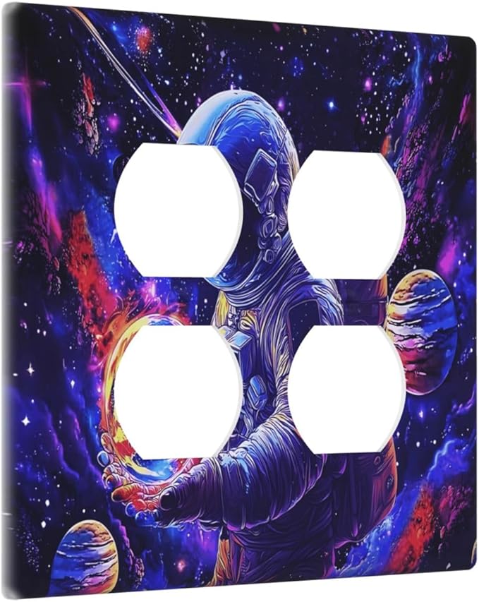Astronaut Space Cool Galaxy Planet Outlet Covers 2 Gang Double Duplex Decorative Light Switch Covers Electrical Wallplates Socket Faceplate for Kids Room Nursery Decor