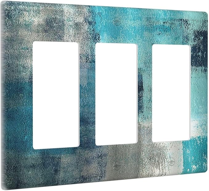 Light Switch Covers Teal Blue Modern Geometric Abstract Turquoise Green 3 Gang Rocker Electrical GFCI Decorative Triple Outlet Wall Plate Cover Switchplate for living Room Bedroom Decor
