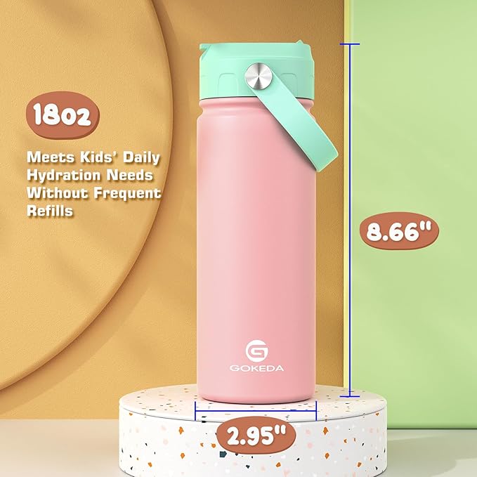 GoKEDA 18oz Kids Water Bottle, Insulated Water Bottles with Stickers, 18/8 Stainless Steel Vacuum Leak Proof Straw Cup for School, Gifts for Girls(Purple)
