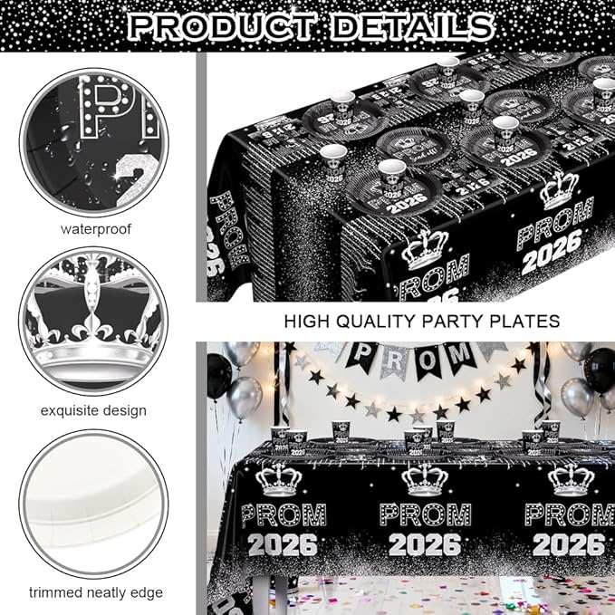 AIBIIN 145PCS Prom Send Off Decorations 2026 Black and Silver Prom Paper Plates Cups and Napkins Sets 2026 Graduation Party Supplies Disposable Tableware Set with Tablecloth Serves 24 Guests